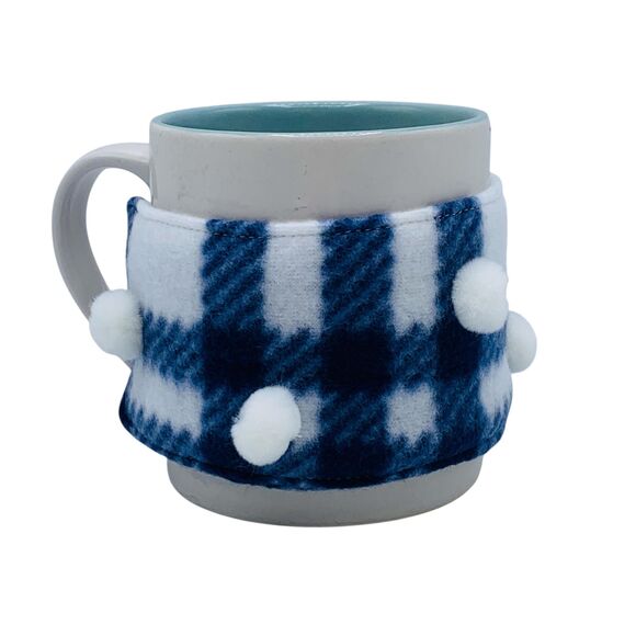 Handmade Mug Cozy, Plaid Fleece Blue White Poms, Cup Cozy, Stocking Stuffer - Picture 4 of 6